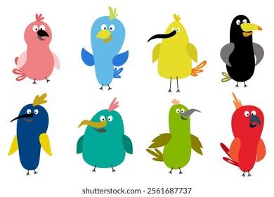 Funny birds. Cartoon colorful sparrow characters, happy flying animals with colorful wings and beaks