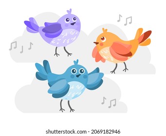 Funny birds concept. Cute flying animals sitting on clouds and singing song. Colorful feathered characters. Design element for children clothing and printing on paper. Cartoon flat vector illustration