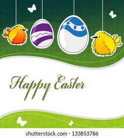 Funny birds and Easter eggs on green wavy  background