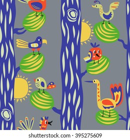Funny birds in the forest. Seamless vector pattern with cartoon birds in the trees