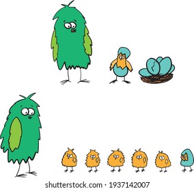 Funny birds - hand drawn vector illustration set in cartoon comic style