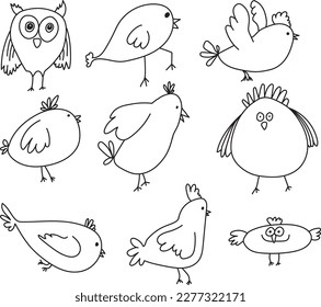 Funny birds, hand drawn vector illustration doodles, black and white
