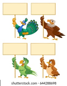 Funny birds holding blank banner.  Peacock, eagle, parrot, sparrow. Cartoon styled vector illustration. Elements is grouped. No transparent objects.