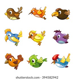 Funny birds icons. Cartoon cute vector birds for logo or game emblem about birds