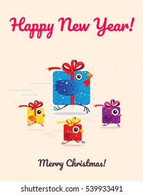 Funny birds like gift box greeting card. Gift box rooster chine 2017 new year symbol. Vector illustration