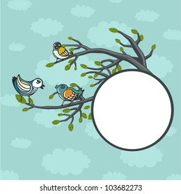Funny birds on branches - vector illustration