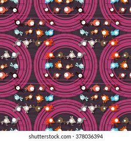 Funny birds on circle background. Seamless pattern. Vector illustration