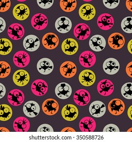 Funny birds on dark background. Seamless pattern. Vector illustration