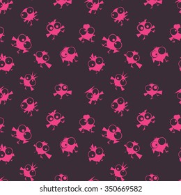 Funny birds on dark background. Seamless pattern. Vector illustration