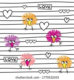 funny birds on striped background vector illustration, love pattern with birds