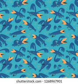 Funny birds seamless pattern.Background with flying isolated crown characters. Vector illustration in cartoon style for surface design, wrapping paper, fabric and textile