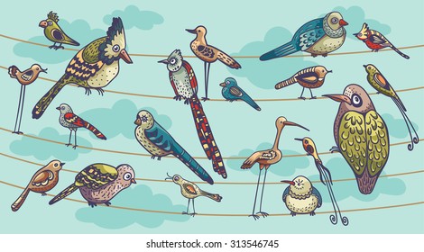 Funny birds sitting on a wire like a family. Set of childish birds. Cartoon vector illustration.