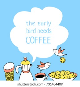 Funny birds are sitting at the table with coffee maker, cups and plate of cookies on blue background. Hand drawn coffee illustration can be used like template with cute character to place your text.