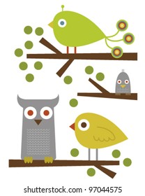Funny birds sitting in trees