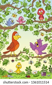 Funny birds in tree. Hand draw vector illustration with separate layers.
