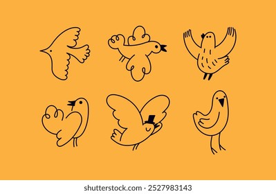 Pájaros divertidos, Ilustración vectorial en estilo lineal simple plano de moda, mascota divertida y personajes de dibujos animados, etiqueta engomada amigable e insignia para publicidad, redes sociales