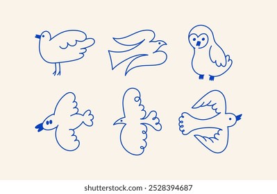 Pájaros divertidos, Ilustración vectorial en estilo lineal simple plano de moda, mascota divertida y personajes de dibujos animados, etiqueta engomada amigable e insignia para publicidad, redes sociales