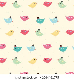 Funny birds vector pattern illustration in pastel colors, yellow background
