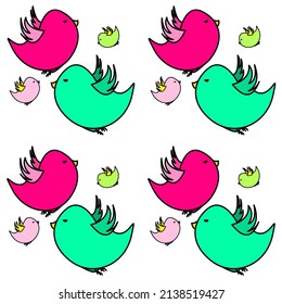 Funny birds vector pattern illustration in minimalist style in pink and green fashion colours 