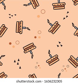 Funny birthday cake pattern. Line made drawing. Pink background. Editable vector.