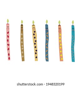 Funny birthday candles with fruit faces and prints. Vector illustration isolated on white background. 