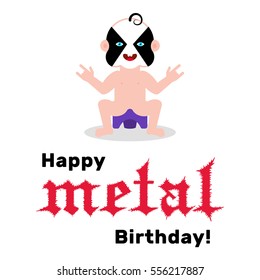 Funny birthday card. Baby with black metal corpse paint and horn hand gesture sitting on the potty toilet.