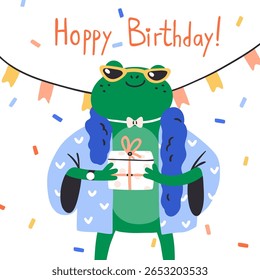 Funny birthday card design with fashion frog and gift box. Modern happy animal character in sunglasses, festive humor postcard, comic holiday party celebration. Creative flat vector illustration