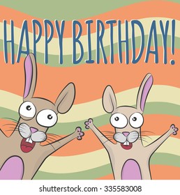 Funny birthday card with two happy rabbits.