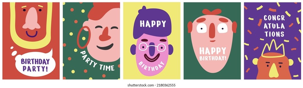 Funny birthday cards. Creative flyers with doodle people, simple presentation, greeting and invitation cards with happy characters. Vertical humor posters. Vector modern postcard template