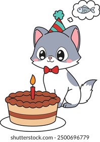 Funny birthday cat thinking about fish vector illustration