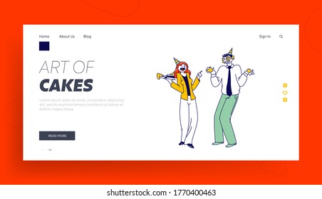 Funny Birthday Celebration, Surprise Landing Page Template. Business Characters Celebrate Event, Man Got Cake in Face with Cream from Laughing Woman in Festive Hat. Linear People Vector Illustration