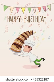 Funny birthday, chef dropping a cake. Vector illustration. EPS10