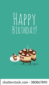 Funny birthday chocolate cake with candle. Vector illustration. Funny food. 
Use for card, poster, banner, web design and print on t-shirt. Easy to edit. Vector illustration.