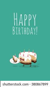 Funny birthday chocolate cake with candle. Vector illustration. Funny food. Use for card, poster, banner, web design and print on t-shirt. Easy to edit. Vector illustration.