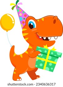 Funny Birthday Dinosaur Cartoon Character With A Party Hat Holding A Gift Box. Vector Illustration Flat Design Isolated On Transparent Background