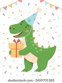 Funny Birthday Dinosaur Cartoon Character With A Party Hat Holding A Gift Box. 