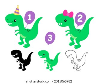 Funny birthday dinosaurs cartoon clip art. Silhouette vector flat illustration. Cutting file. Suitable for cutting software. Cricut, Silhouette