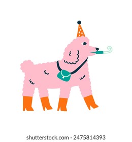 Funny Birthday Dog with Greeting Cap and Tongue Twister. Vector Clipart Puppy Celebration Pet