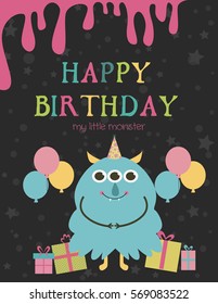 Funny Birthday greeting or invitation card for Monster party. Vector illustration