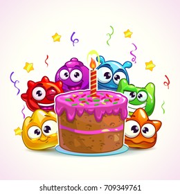 Funny birthday illustration with cute colorful glossy jelly characters and big birthday cake. One year anniversary card template.