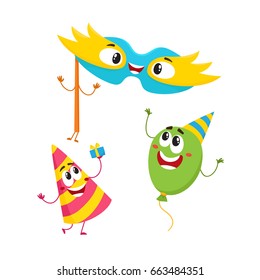 Funny birthday item characters - hat, balloon, mask - with smiling human faces, cartoon vector illustration isolated on white background. Birthday party hat, ballon and fancy mask characters, mascots