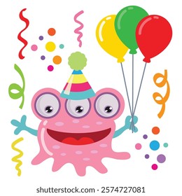 Funny birthday monster vector cartoon illustration