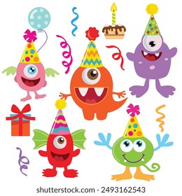Funny birthday monsters vector cartoon illustration