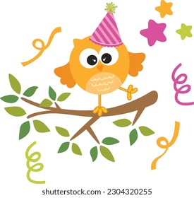 Funny birthday owl partying on top of tree branch with leaves
