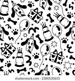 Funny birthday seamless pattern with dog in doodle style. Festive endless background for pets. Black and white repeat vector illustration for holiday, party design, kids, celebration