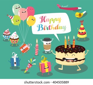 Funny birthday set. Birthday cake, balloons, gifts, candles. Comic characters. Vector illustrations