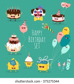 Funny birthday set. Birthday cake, invitation, clown, balloons, gifts, candles. Vector illustrations. You can use in the menu, in the shop, in the bar, the card or stickers.