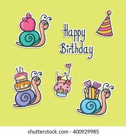 Funny Birthday stickers with snails. Vector illustration 