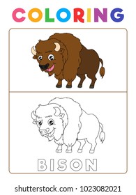 Funny Bison Coloring Book with Example. Preschool worksheet for practicing fine colors recognition skill. Vector Animal Cartoon Illustration for Children.