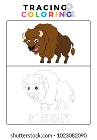 Funny Bison Tracing and Coloring Book with Example. Preschool worksheet for practicing fine motor and colors recognition skill. Vector Animal Cartoon Illustration for Children.